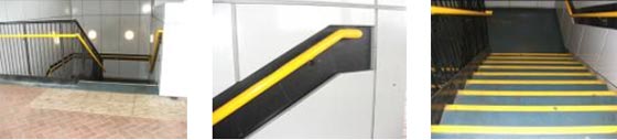 Good use of colour contrast on handrails and strips on the step noses